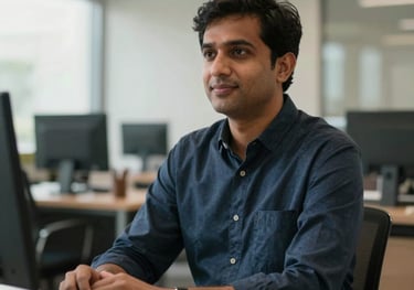 A high-quality photo of a professional academic consultant in a modern office in Mayar, South Asian / Pakistani setting, natural lighting, looking approachable and confident.