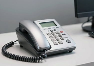 A premium close-up of a silver telephone on a white desk with a soft gray background, emphasizing clarity and professionalism, South Asian / Pakistani corporate setting.