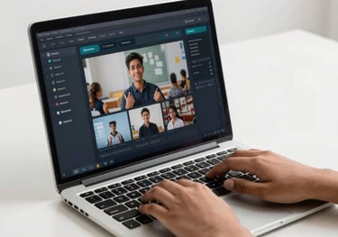 A minimalist shot of a sleek laptop screen showing a futuristic educational dashboard, South Asian / Pakistani student's hands typing, premium lighting.