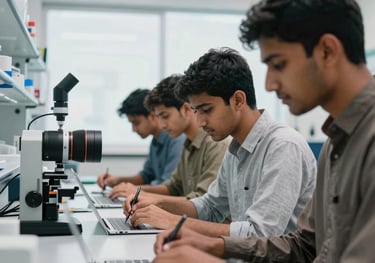 A group of South Asian / Pakistani students in a brightly lit, modern lab environment collaborating on a project using futuristic tools, clean and minimal composition.