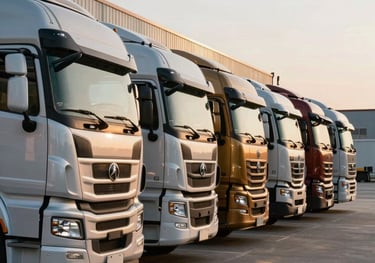 A row of premium heavy-duty transport trucks parked at a modern logistics terminal during sunrise, reflecting metallic surfaces and industrial power, North American / International.