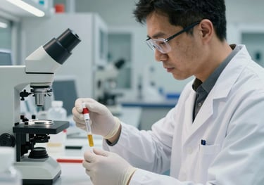 A scientist in a white lab coat conducting quality control on a lubricant sample in a sleek, high-performance research facility, North American / International.