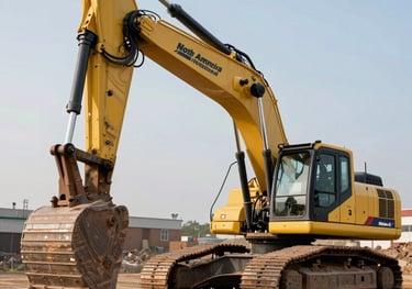 A powerful industrial excavator operating in a rugged terrain, with sharp focus on the hydraulic systems, conveying power and reliability, North American / International.