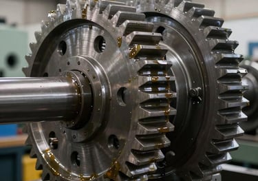 A detailed shot of large industrial steel gears operating within a heavy-duty machine, glistening with protective lubricant under bright workshop lights, North American / International.