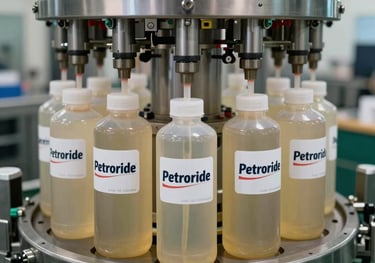 An automated industrial bottling line filling Petroride containers with precision, featuring clean steel surfaces and a high-tech manufacturing vibe, North American / International.