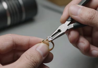 A macro photograph of a master jeweler's hands using delicate pliers to set a brilliant-cut diamond into a custom-designed gold engagement ring mount, North American / US workshop.