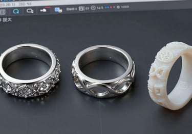 A sequence showing a CAD software design of a complex ring next to the physical wax mold, illustrating the transition from digital concept to handcrafted jewelry.