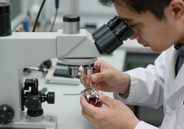 An expert horologist in a clean white lab coat meticulously cleaning the internal gears of a mechanical watch under a high-powered microscope in a professional North American / US workshop.