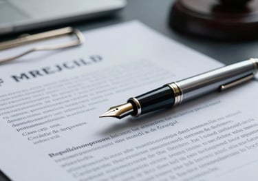 A close-up photograph of a professional South American / Brazilian lawyer's desk. A fountain pen rests on a signed legal document. Muted blue-gray and white color palette. Sharp focus, professional depth of field.