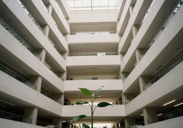 Abstract photography of a light-filled architectural atrium in a Brazilian city. Symbols of growth and knowledge. Bright, airy, and sophisticated atmosphere.