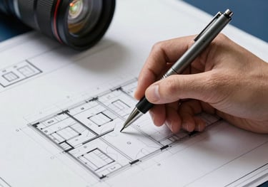 Detailed shot of architectural blueprints being reviewed by a hand holding a professional drafting pen. Clean, professional lighting, navy blue accents.