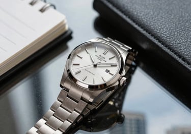 Close-up of a high-end designer watch and professional notebook on a glass table. Reflections of a modern Brazilian business district in the background.