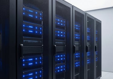 A minimalist view of a modern data center with deep blue glowing lights. Represents software protection and digital assets. Clean, sharp lines, contemporary architectural style.