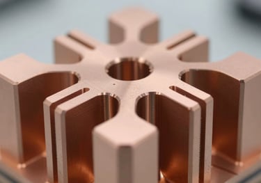 A close-up photograph of a precision-machined rose-gold metal structure, sharp edges and intricate geometry, representing sophisticated AI engineering in a North American / US lab.