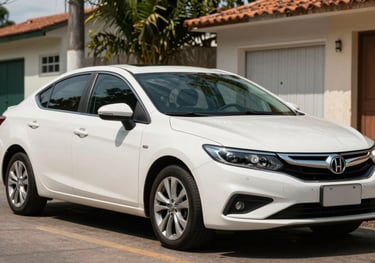 A sleek white sedan parked in a residential South American / Brazilian neighborhood during a bright day. The focus is sharp, showcasing the car as a valuable asset that needs protection.
