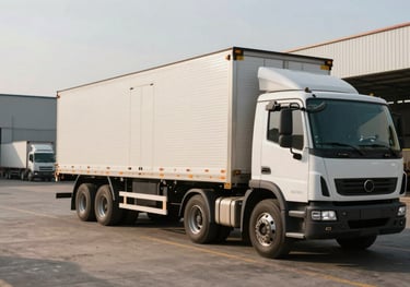 A high-quality photograph of a logistics warehouse in a South American / Brazilian industrial district. A cargo truck is being loaded, with the scene captured in the clear morning light, highlighting efficiency and security.