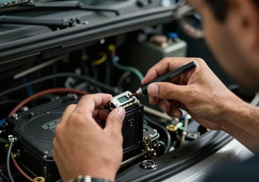 A photograph of a skilled technician installing a discrete device into the interior of a vehicle in a professional South American / Brazilian workshop. The focus is on the precision and quality of the work.