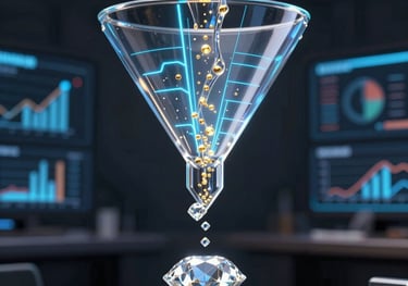 Illustration of a user journey funnel with clear steps leading to successful conversions on a dark-themed dashboard.