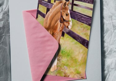 Greeting card mockup featuring an original horse painting by Julie Diehl — available for licensing