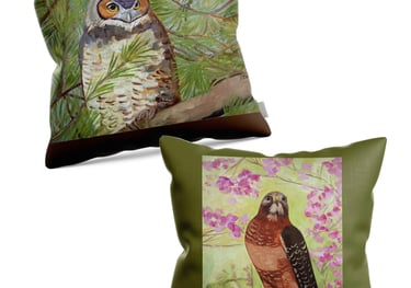 Throw pillows featuring original bird art by Julie Diehl — available through Fine Art America
