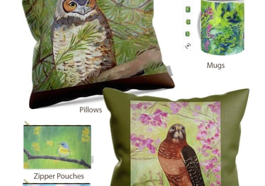 Julie Diehl Art shop products - owl and hawk paintings on throw pillows, zipper pouches, and mugs on Fine Art America