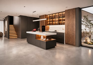 Contemporary walnut kitchen with bespoke cabinetry and soft lighting