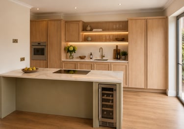 Made-to-measure fitted kitchen with oak cabinetry and island