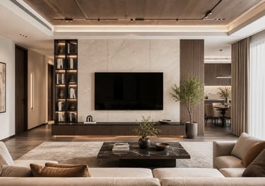 Contemporary media wall with integrated shelving and custom storage