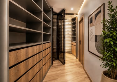 Luxury walk-in wardrobe with walnut finish