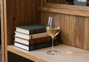 A cozy reading nook in a modern cafe with wooden furniture, featuring a stack of beautifully bound books next to a glass of wine on a crisp parchment surface.