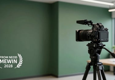A sleek, modern office space with matte forest green walls, showing a professional camera setup for an author interview or social media shoot.