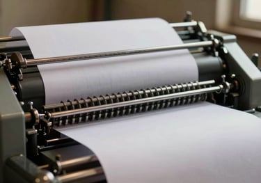 A detailed shot of a printing press in motion, with high-quality paper feeding through, captured in a warm, industrial-chic setting.