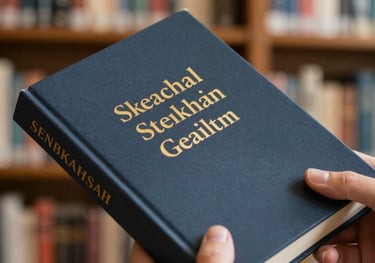 A close-up of a hand holding a high-quality hardcover book with a matte finish, showcasing elegant gold-leaf lettering. The background is a soft-focus Scandinavian library.