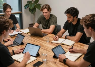 A behind-the-scenes shot of a small editorial team collaborating around a large wooden table, planning content with notebooks and digital tablets.