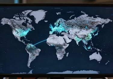 Global map display on a digital screen showing shipping routes with light blue glowing lines, professional tech environment.
