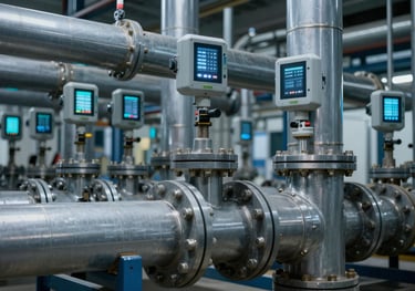 A network of complex industrial cooling pipes with digital sensors attached, slate gray and metallic blue tones, high-tech industrial aesthetic.