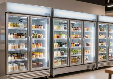 A row of modern commercial refrigerator units in a high-end bakery, North American / US interior, bright and clean photography.