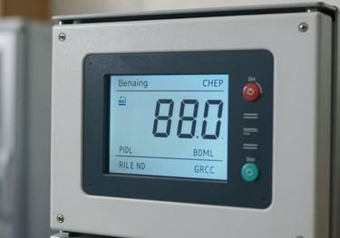 Close-up of a high-tech thermostat interface on a commercial walk-in freezer, showing digital temperature readings, professional sharp focus.