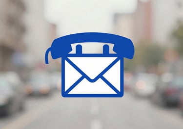 Minimalist icon of a vintage telephone and envelope, styled in Royal Blue (#005EB8), symbolizing heritage and communication.