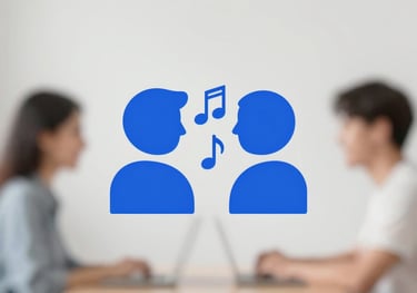 Minimalist icon of two people talking with a musical note between them, in Royal Blue (#005EB8), representing the private tour step.