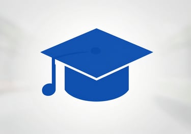 Minimalist icon of a graduation cap combined with a musical note, in Royal Blue (#005EB8), representing the final step of admission.