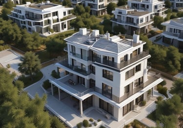 Modern office workspace with charts and real estate brochures on the desk.