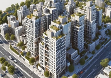 Modern office workspace with charts and real estate brochures on the desk.