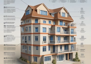 Modern office workspace with charts and real estate brochures on the desk.