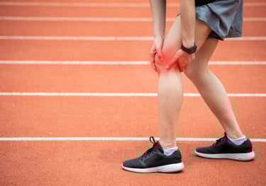 person holding glowing knee joint illustrating knee pain and injury. 