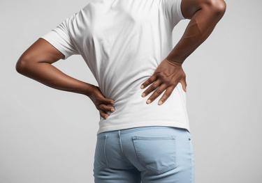 Person holding lower back and leaning one way showing back pain.