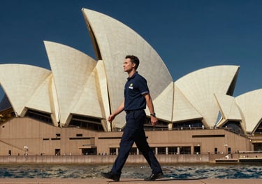 A high-quality lifestyle photograph of a professional worker walking in front of the Sydney Opera House, reflecting a successful migration to Australia, in deep navy blue and gold hues.
