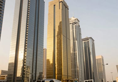 A bright, professional photo of a modern office in Dubai, showcasing glass skyscrapers and luxury surroundings in elegant gold and soft off-white.