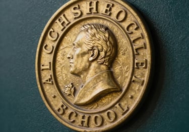 A close-up photograph of a vintage gold-toned school crest mounted on a dark teal textured wall. The lighting is focused and dramatic, evoking a sense of established tradition and heritage.