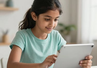 A high-quality lifestyle shot of a South Asian girl studying with a tablet in a bright home environment. The atmosphere is studious and inspiring, with dusty teal and white tones.